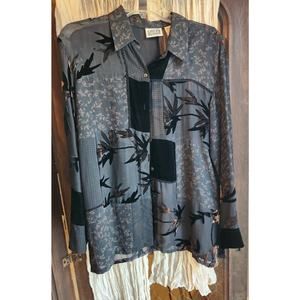 Chico Design Silk Blend Rich Artsy Patchwork Boho Button up Blouse